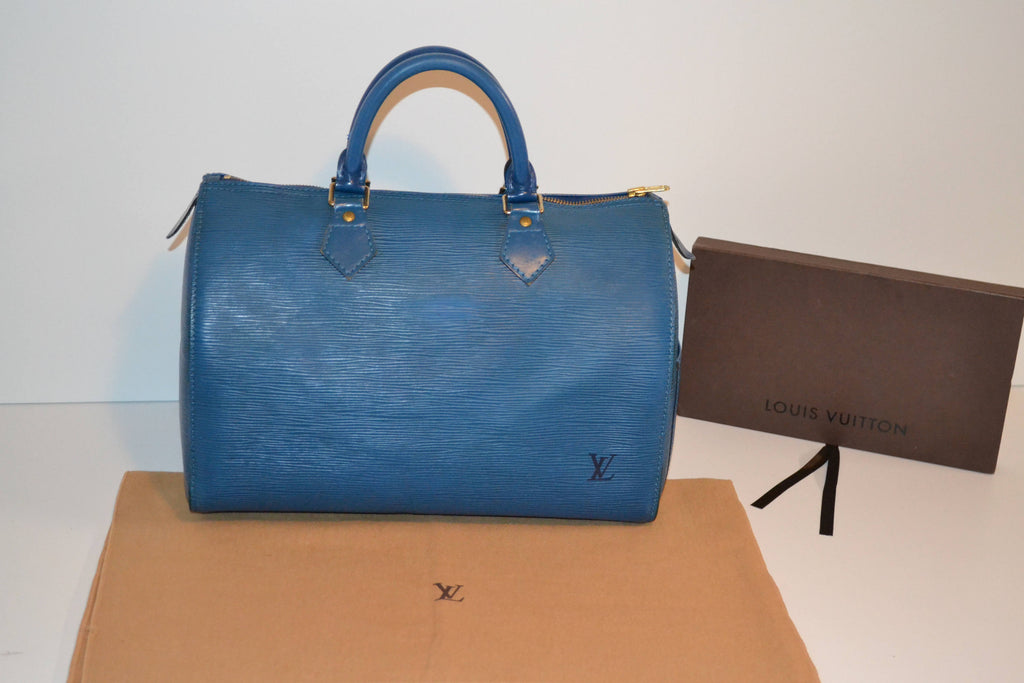 Authentic Louis Vuitton Speedy 30 Toledo Blue Epi Handbag Purse in 1994 Vintage - Includes LV Dust Bag (SALE!!!)